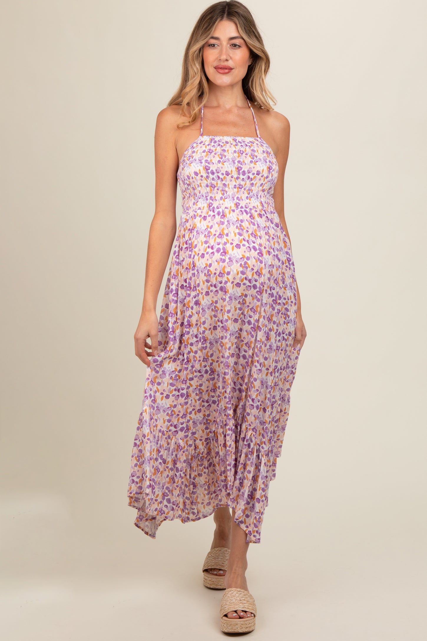 Lavender Floral Smocked Halter Flowy Maternity Maxi Dress