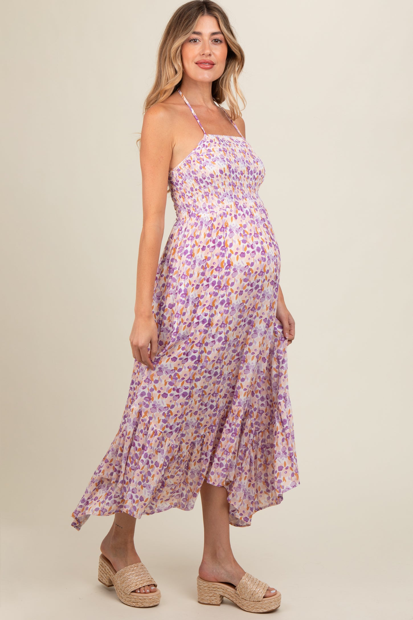 Lavender Floral Smocked Halter Flowy Maternity Maxi Dress