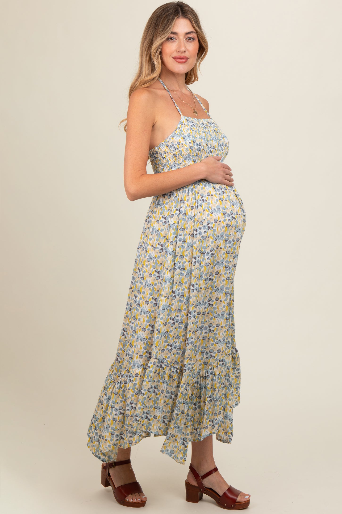 Teal Floral Smocked Halter Flowy Maternity Maxi Dress Teal Floral Smocked Halter Flowy Maternity Maxi Dress