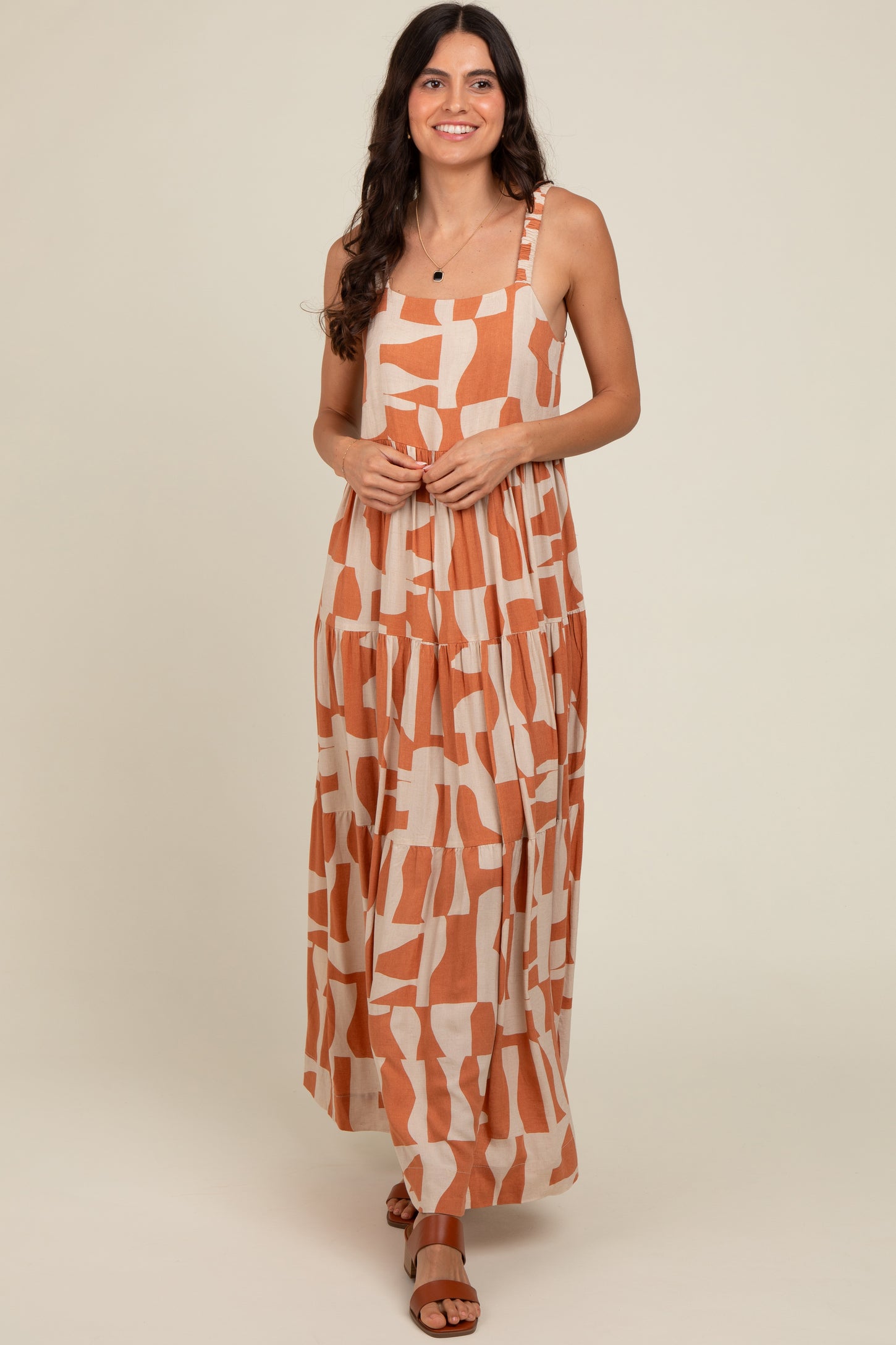 Camel Printed Tiered Maxi Dress