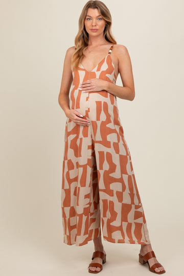 Camel Abstract Print Wide Leg Maternity Jumpsuit