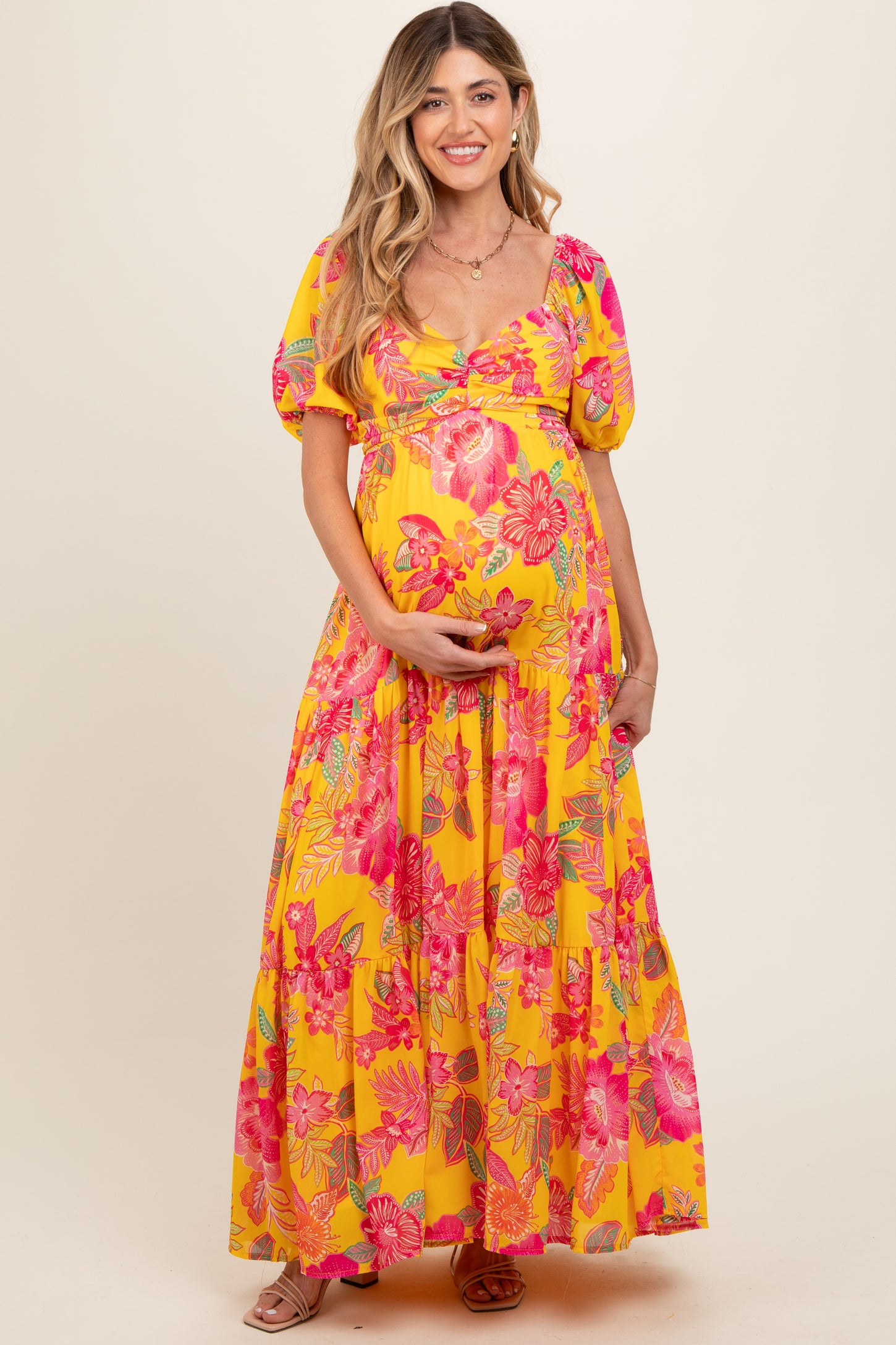 Yellow Floral Sweetheart Neck Tiered Maternity Maxi Dress