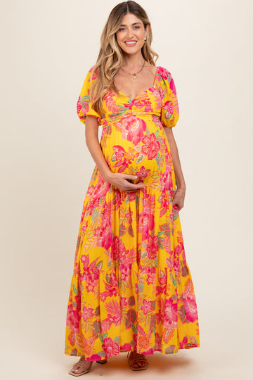 Yellow Floral Sweetheart Neck Tiered Maternity Maxi Dress