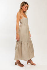 Taupe Square Neck Sleeveless Tiered Maxi Dress