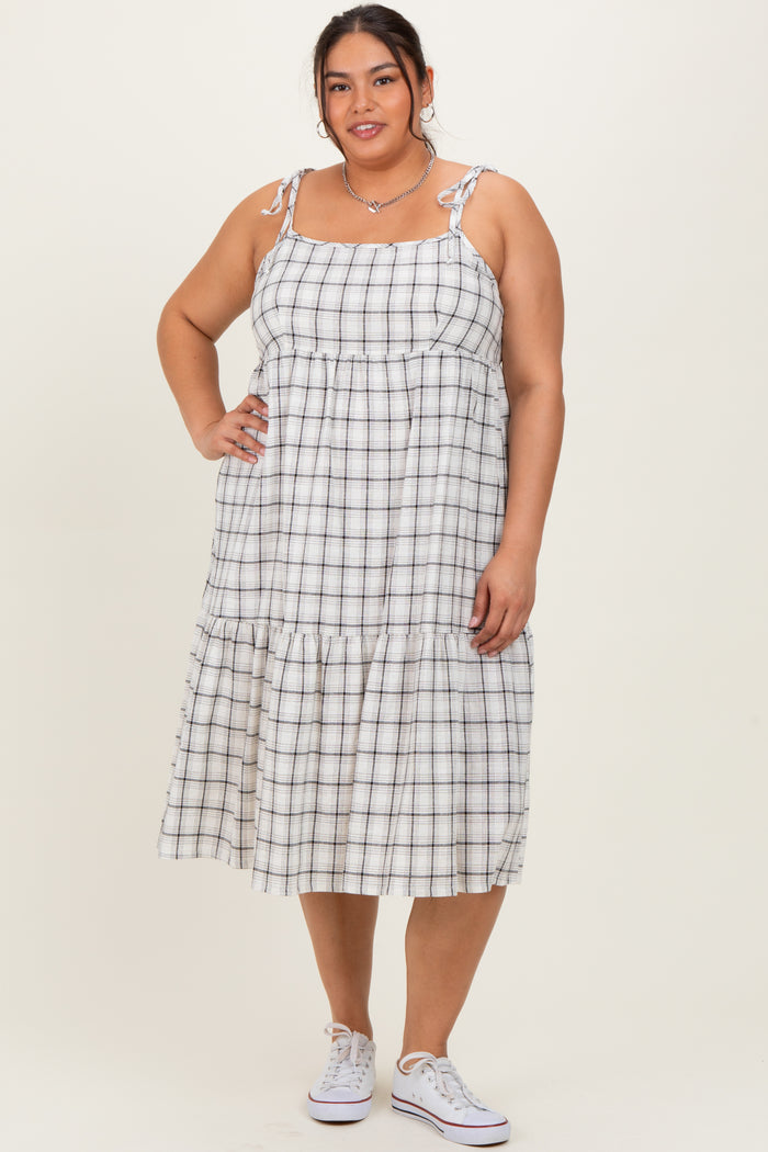Ivory Plaid Shoulder Tie Plus Midi Dress