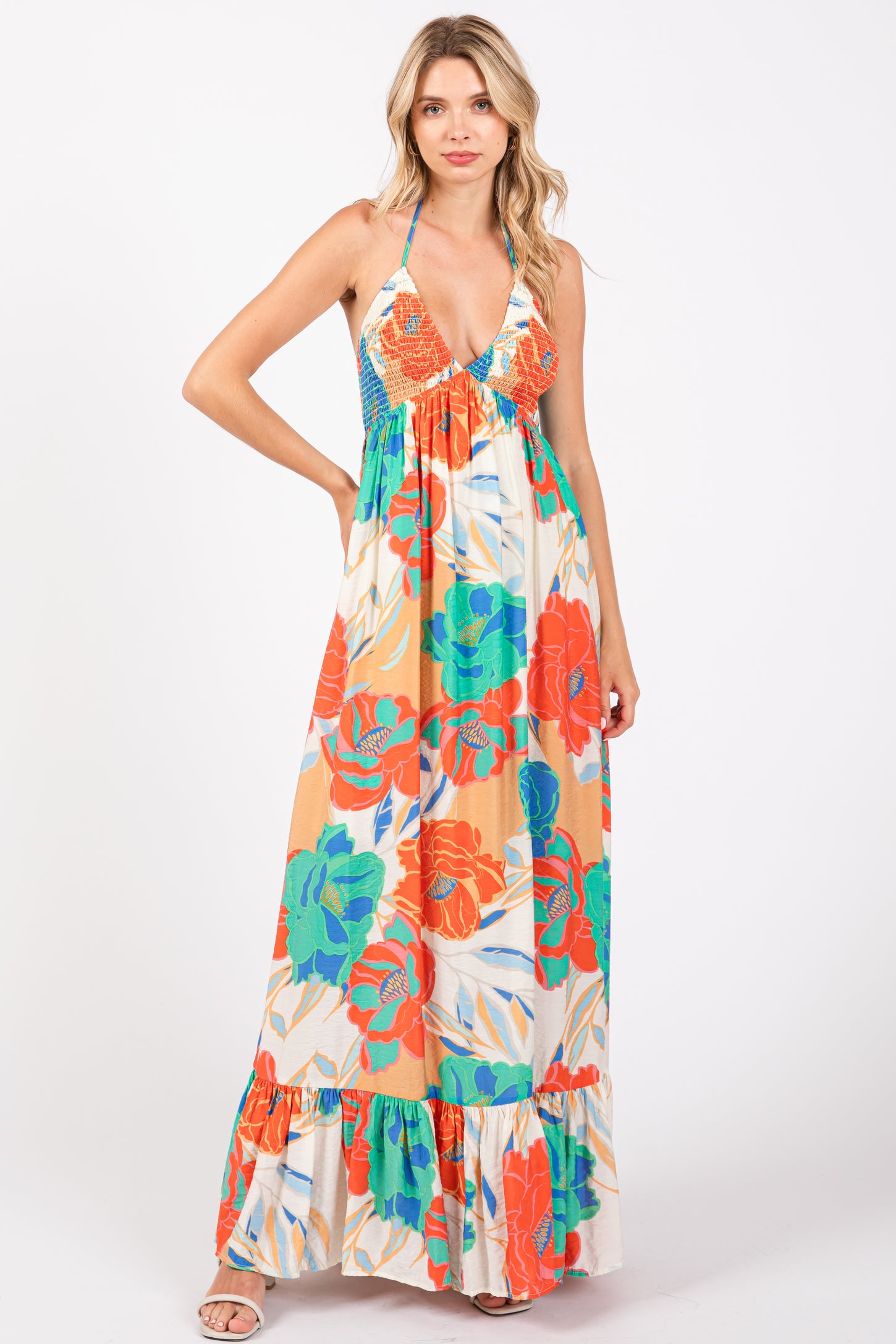 Cream Floral Smocked Halter Cutout Maxi Dress