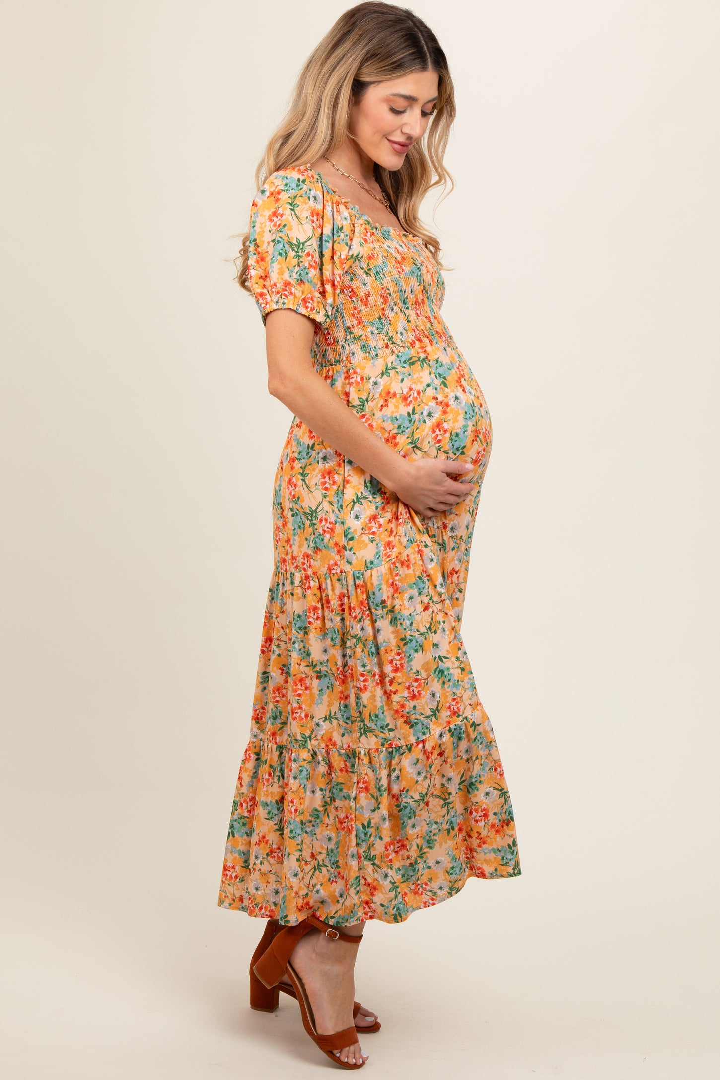 Peach Floral Smocked Tiered Maternity Midi Dress