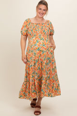 Peach Floral Smocked Tiered Maternity Plus Midi Dress