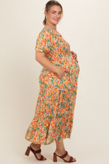 Peach Floral Smocked Tiered Maternity Plus Midi Dress