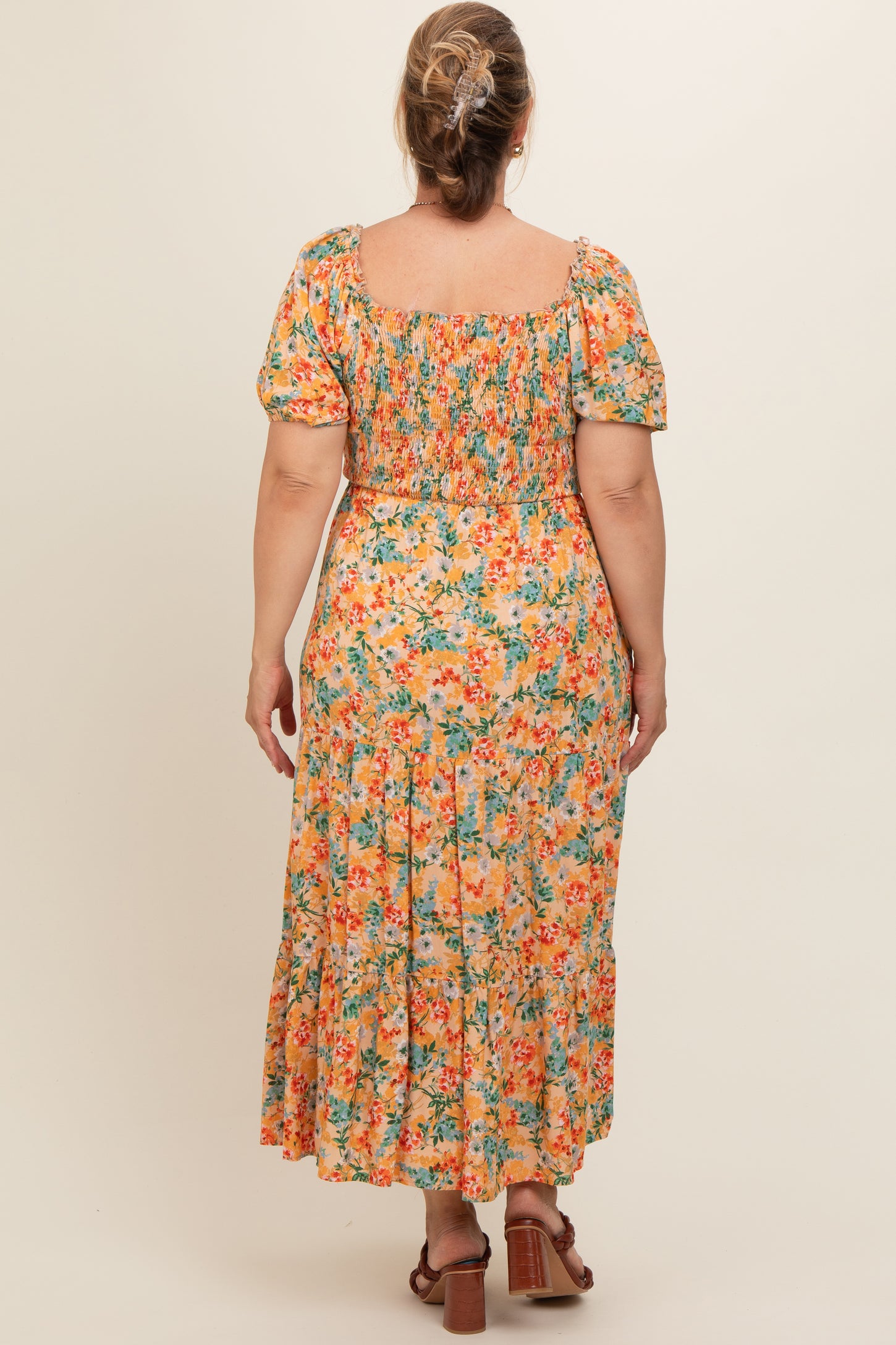 Peach Floral Smocked Tiered Maternity Plus Midi Dress