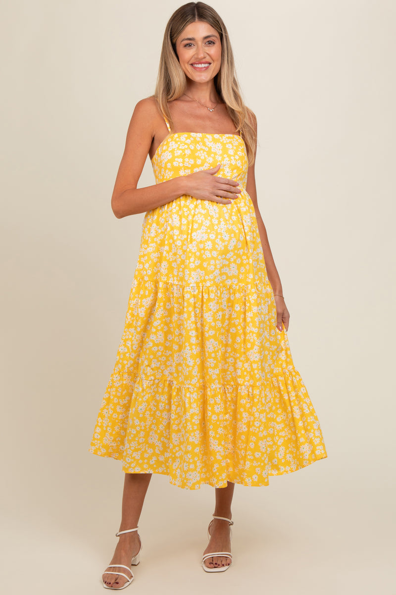 Yellow Striped Deep V-Neck Handkerchief Hem Maternity Midi Dress