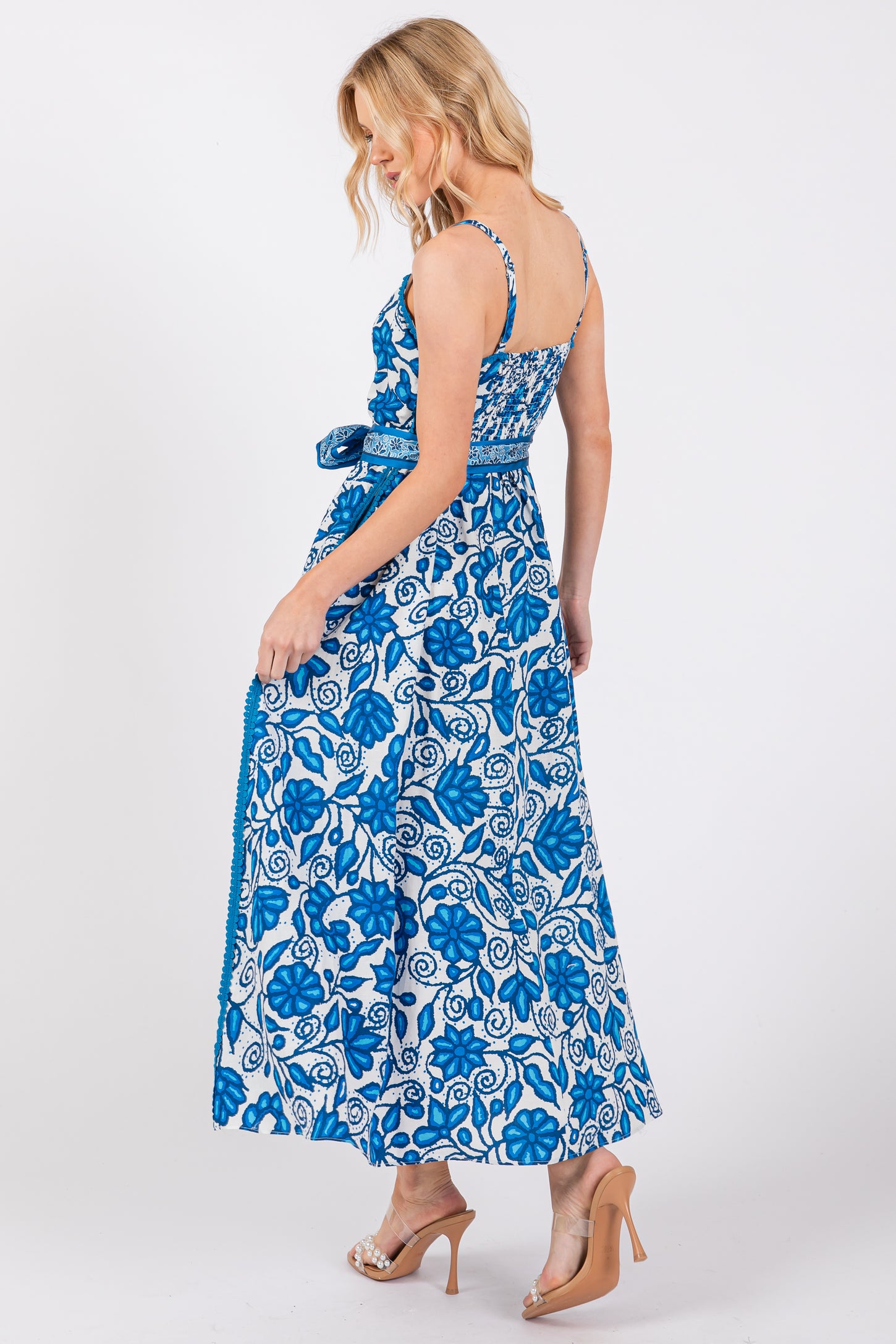 Blue Floral Crochet Accent Waist Tie Dress – PinkBlush
