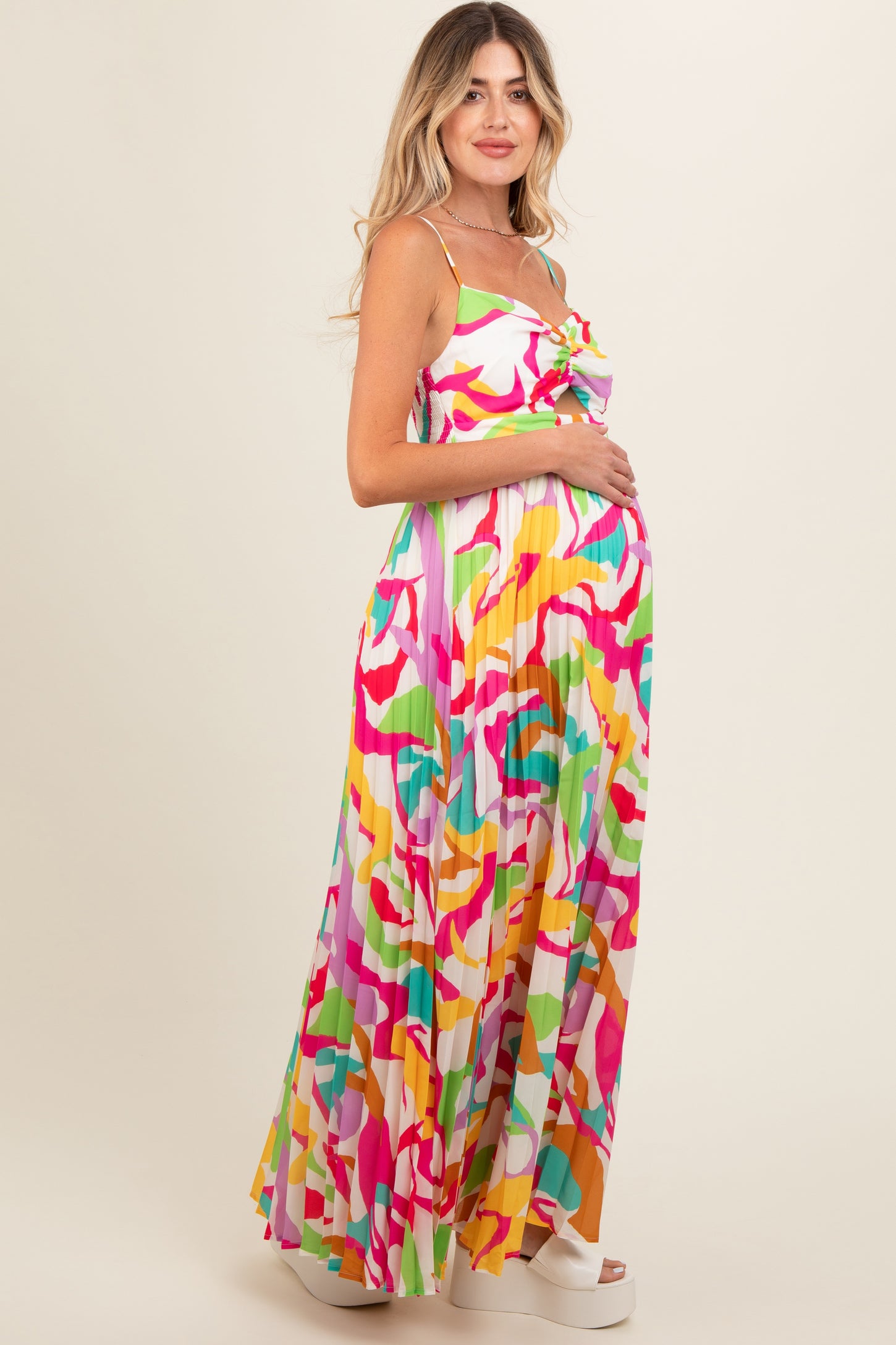 Ivory Printed Sleeveless Front Twist Maternity Maxi Dress
