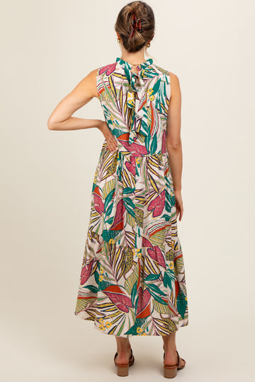 Cream Floral Ruffle Mock Neck Tiered Maternity Midi Dress