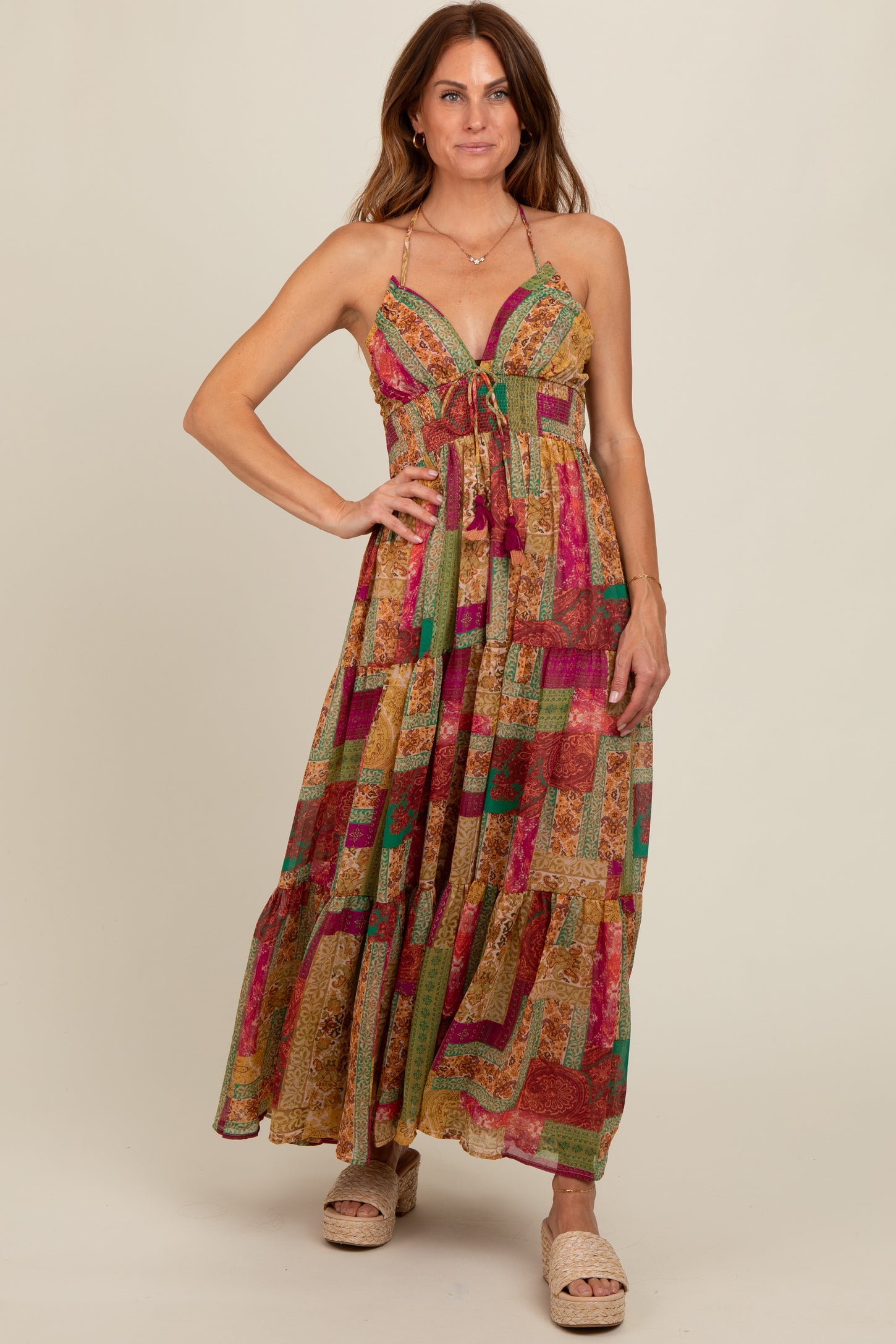 Olive Patchwork Print Halter Maxi Dress PinkBlush Olive Patchwork Print Halter Maxi Dress PinkBlush