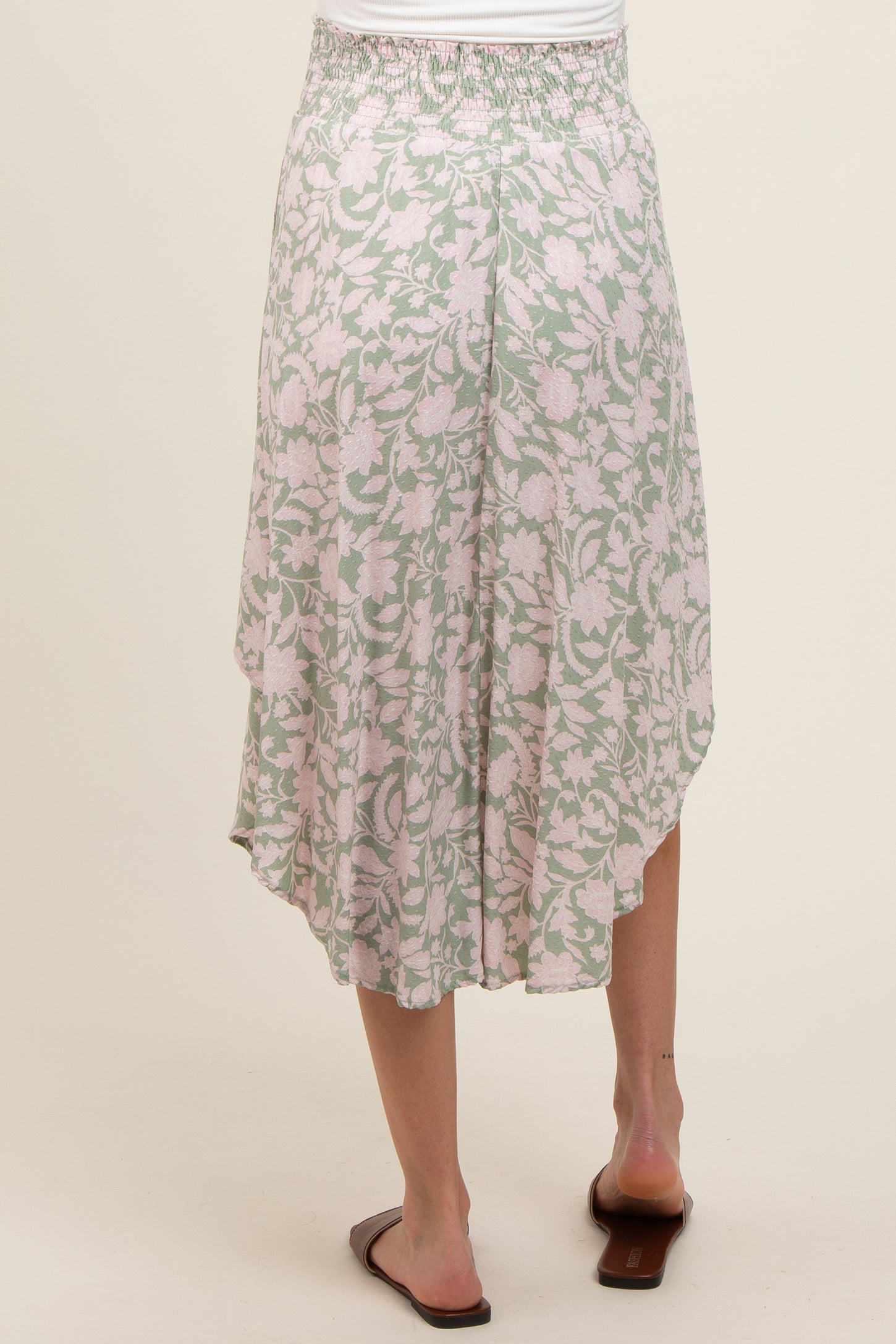 Light Olive Textured Dot Smocked Round Hem Maternity Midi Skirt