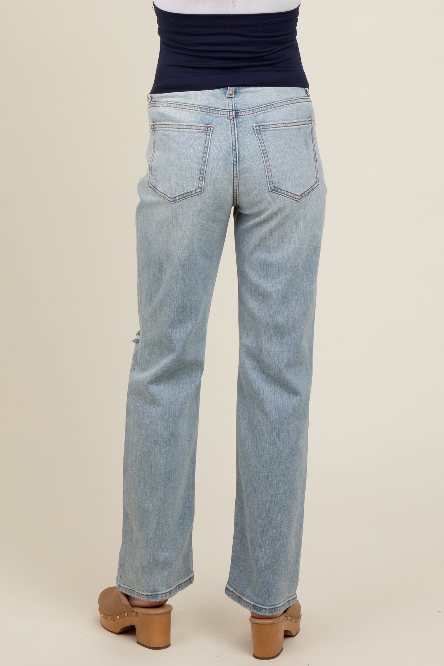 Light Blue Distressed Open Knee Maternity Straight Leg Jeans