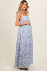 Blue Leaf Print Shoulder Strap Maternity Maxi Dress