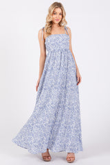 Blue Leaf Print Shoulder Strap Maxi Dress