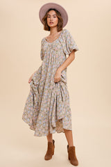 Beige Floral Ruched Strappy V-Neck Front Puff Short Sleeve Maternity Midi Dress