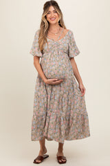Beige Floral Ruched Strappy V-Neck Front Puff Short Sleeve Maternity Midi Dress