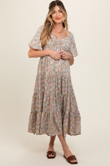 Beige Floral Ruched Strappy V-Neck Front Puff Short Sleeve Maternity Midi Dress