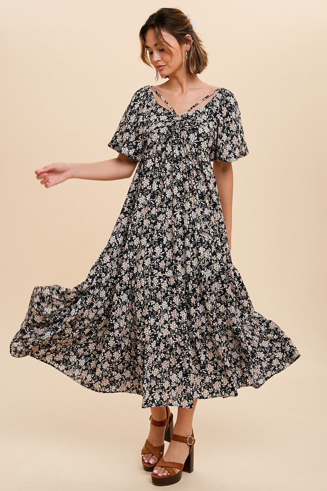 floral ruched midi dress Floral Ruched Bodice Midi Dress Ivory/Pink