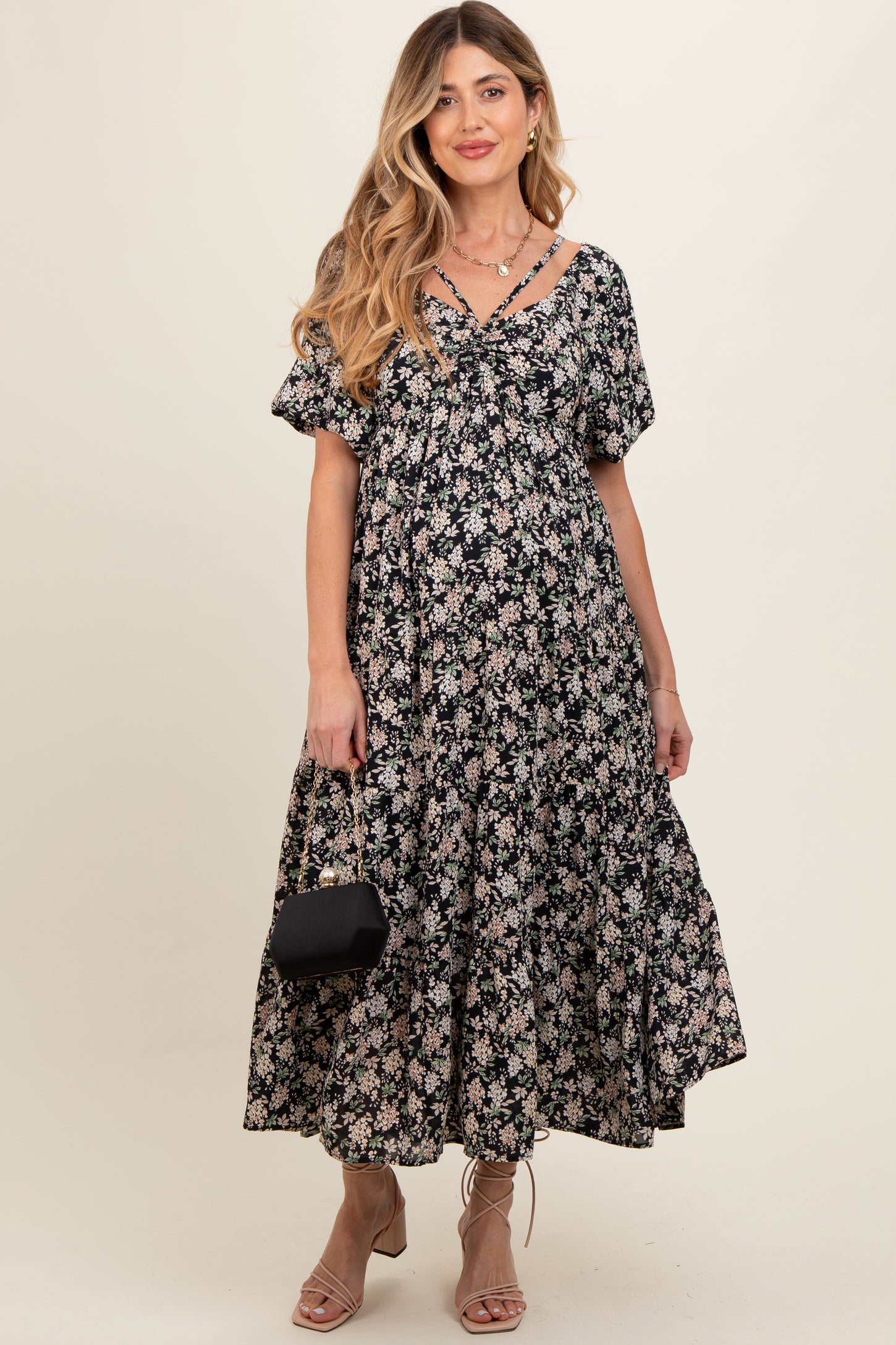 Black Floral Ruched Strappy V-Neck Front Puff Short Sleeve Maternity M ...