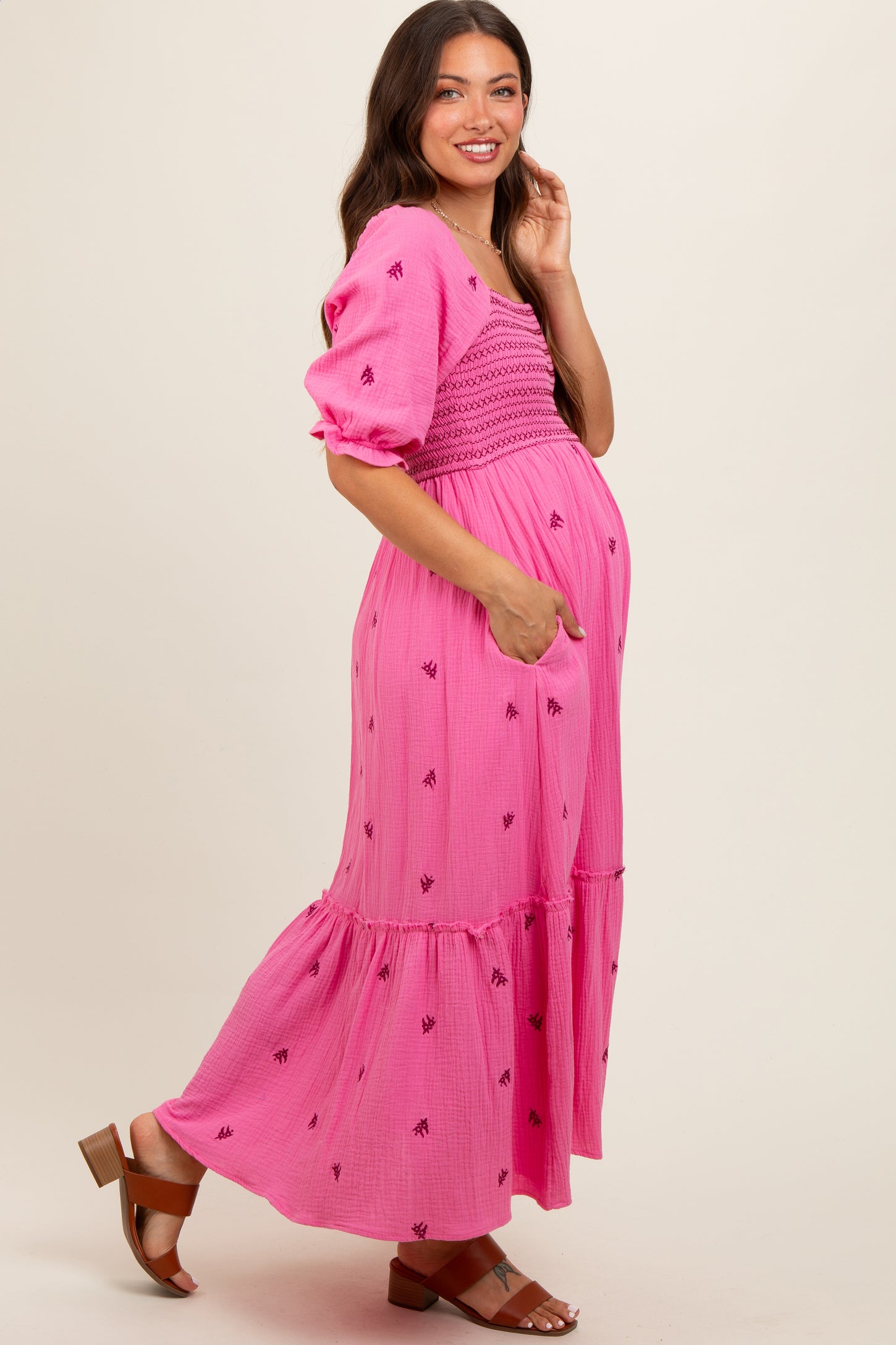 Pink Gauze Smocked Embroidered Square Neck Maternity Midi Dress PinkBlush Pink Gauze Smocked Embroidered Square Neck Maternity Midi Dress PinkBlush