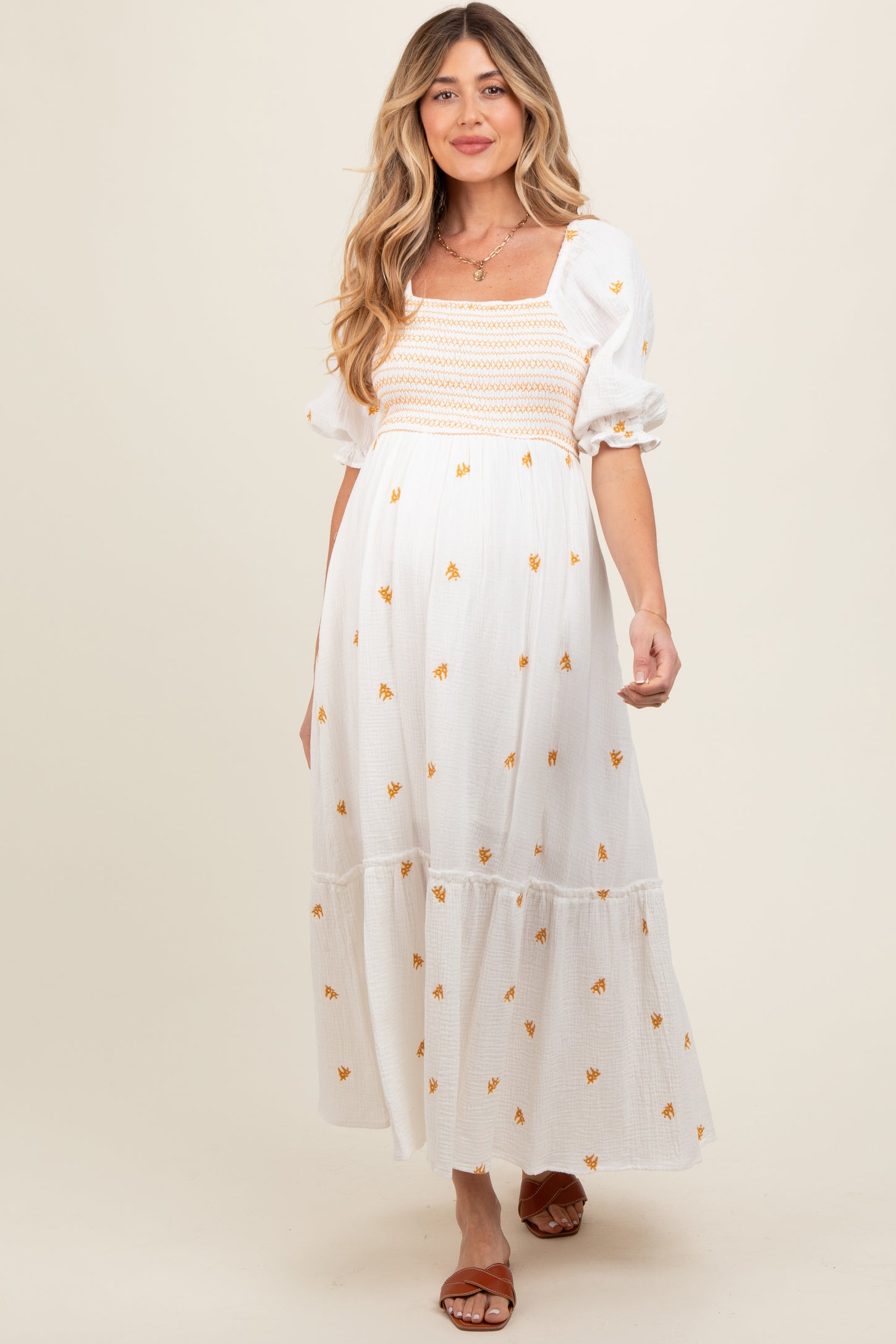 Ivory Gauze Smocked Embroidered Square Neck Maternity Midi Dress PinkBlush Ivory Gauze Smocked Embroidered Square Neck Maternity Midi Dress PinkBlush