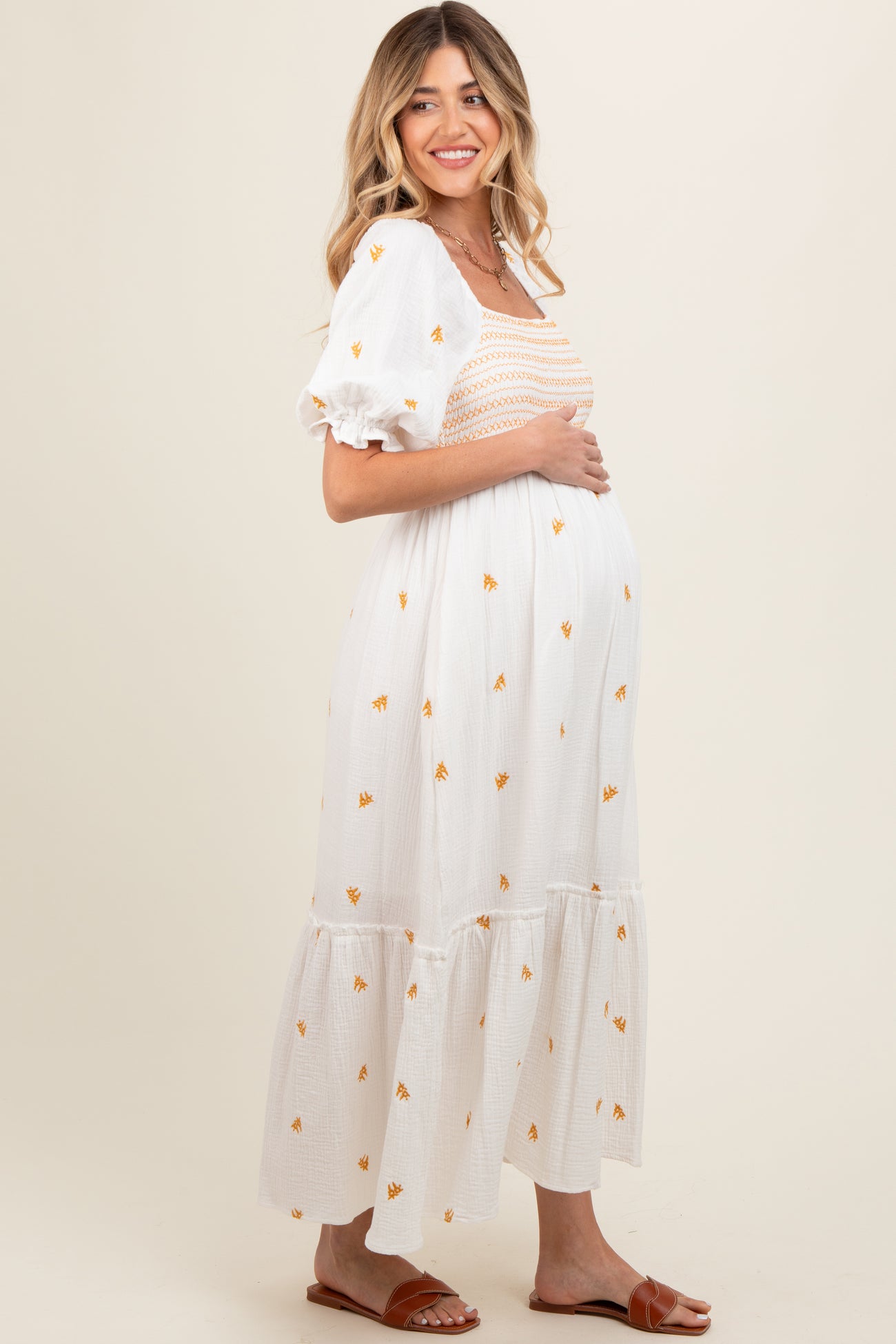 Ivory Gauze Smocked Embroidered Square Neck Maternity Midi Dress PinkBlush Ivory Gauze Smocked Embroidered Square Neck Maternity Midi Dress PinkBlush