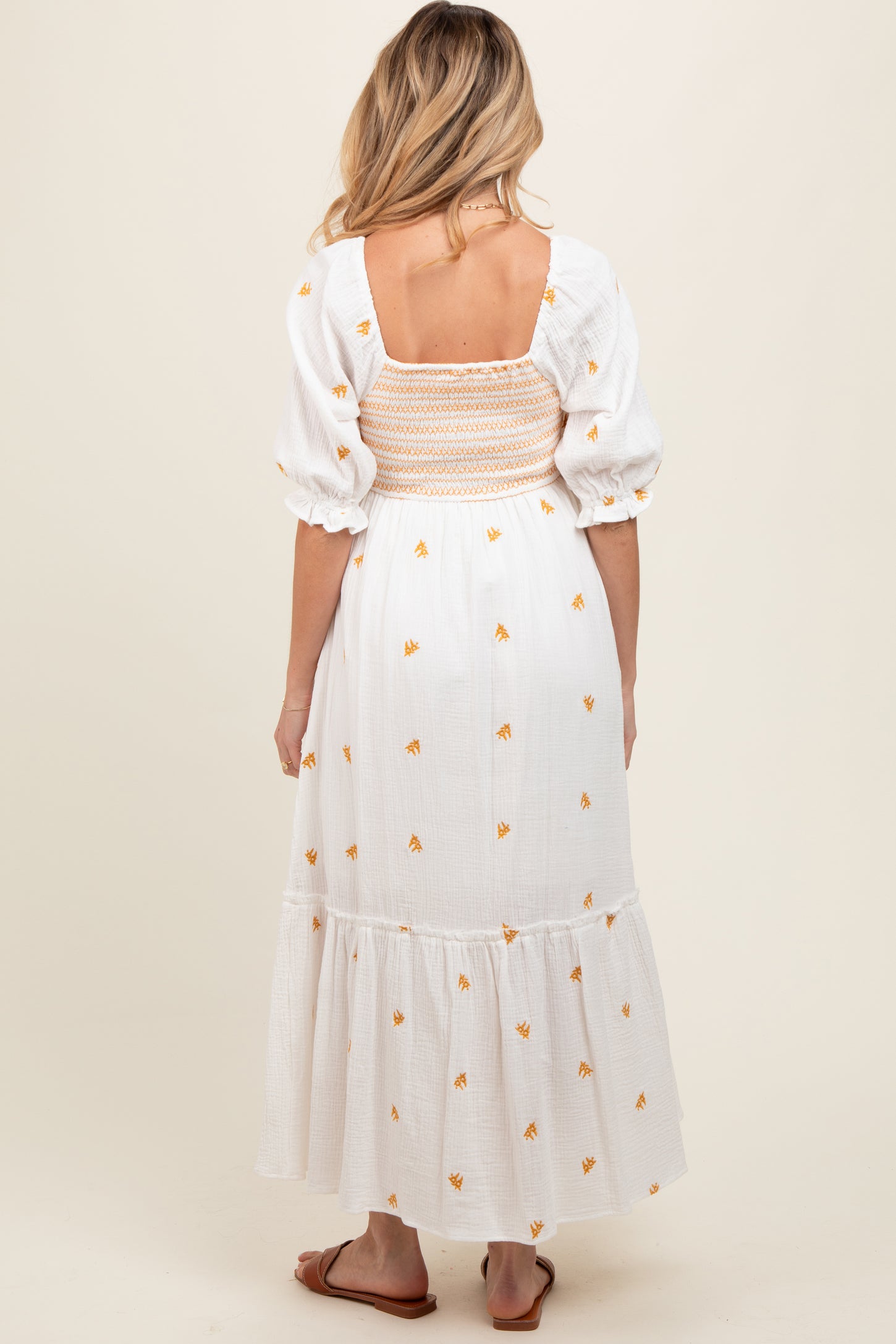 Ivory Gauze Smocked Embroidered Square Neck Maternity Midi Dress PinkBlush Ivory Gauze Smocked Embroidered Square Neck Maternity Midi Dress PinkBlush