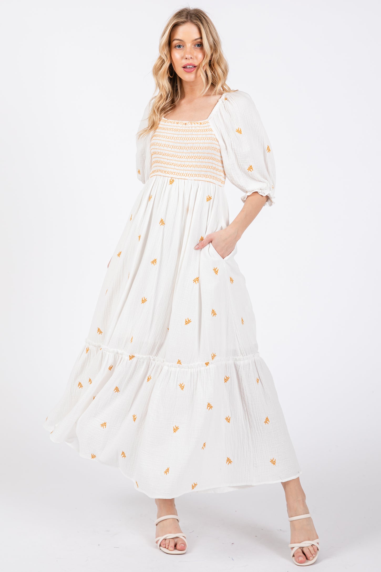 Ivory Gauze Smocked Embroidered Square Neck Maternity Midi Dress PinkBlush Ivory Gauze Smocked Embroidered Square Neck Maternity Midi Dress PinkBlush