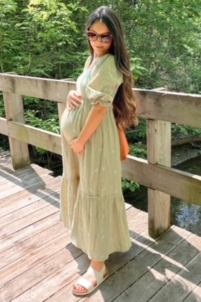 Light Olive Gauze Smocked Embroidered Square Neck Maternity Midi Dress