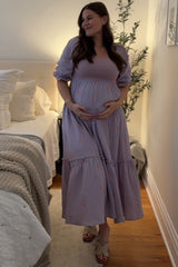Lavender Gauze Smocked Embroidered Square Neck Maternity Midi Dress