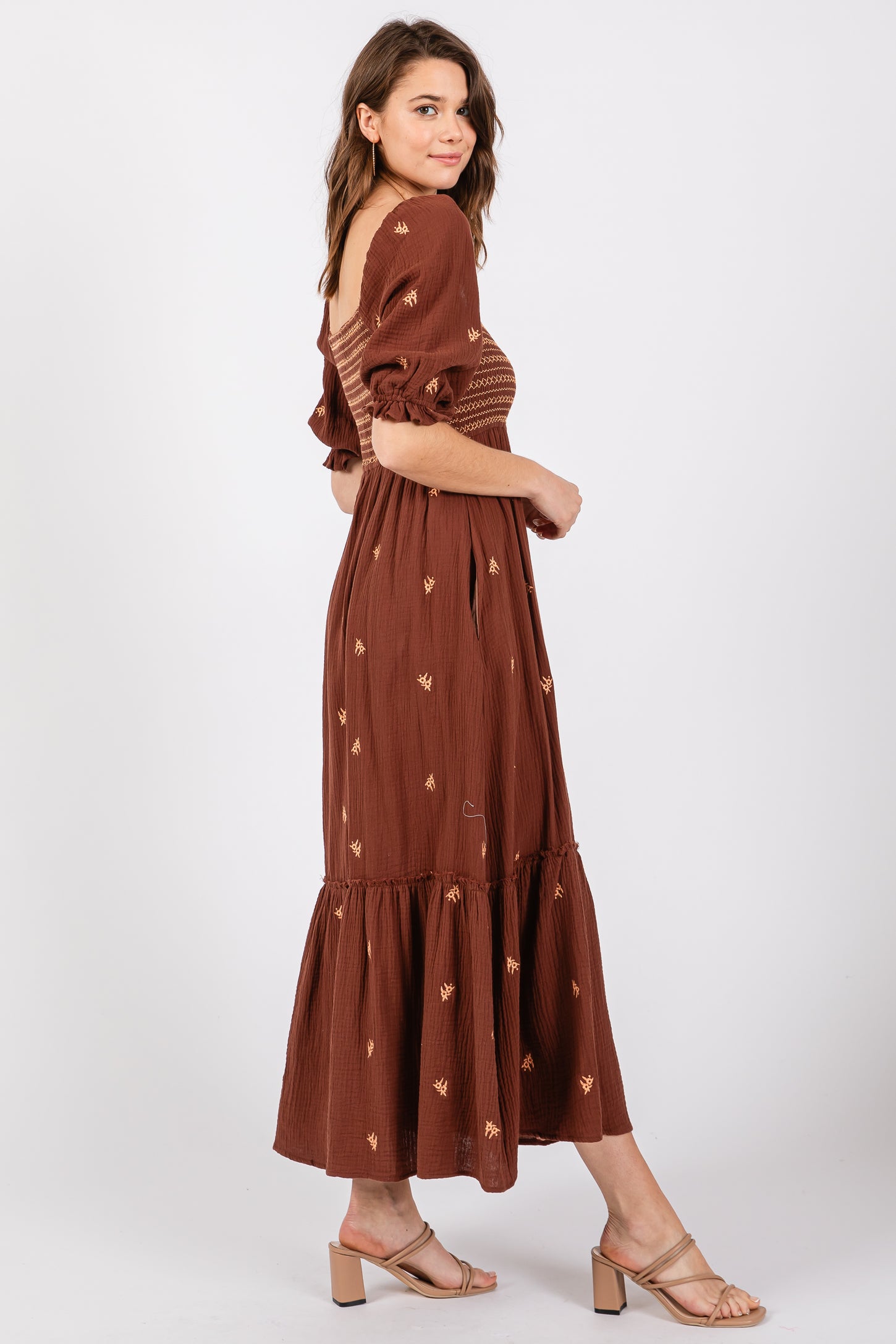 Brown Gauze Smocked Embroidered Square Neck Midi Dress Brown Gauze Smocked Embroidered Square Neck Midi Dress