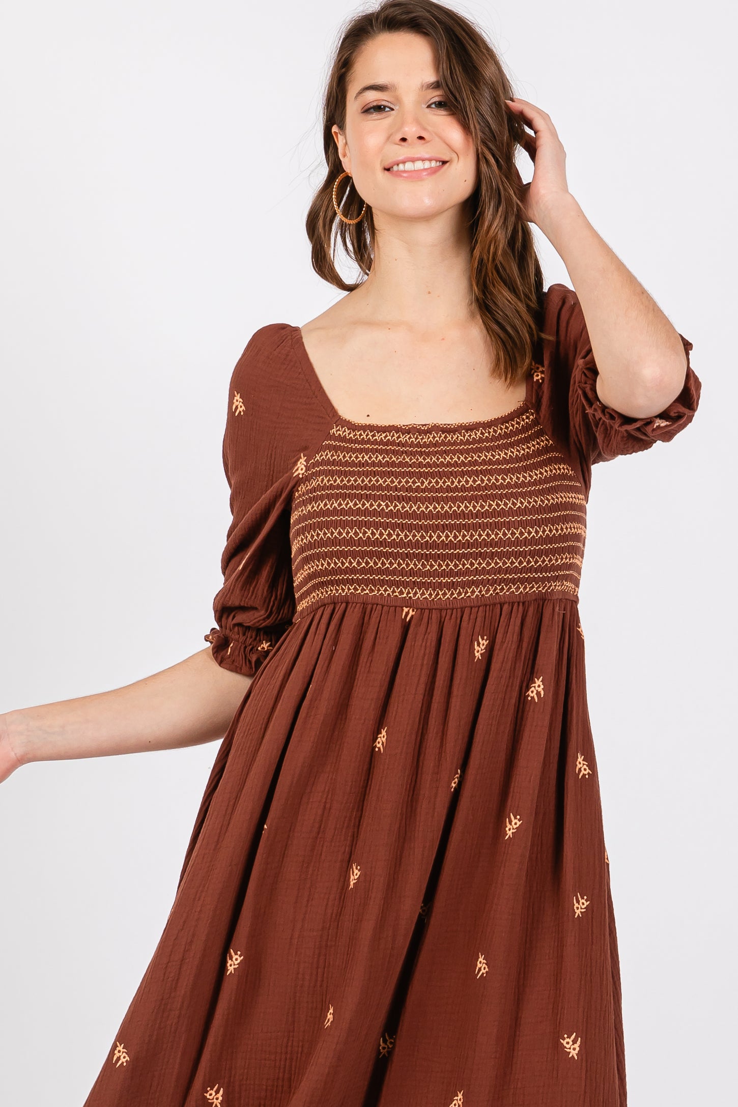 Brown Gauze Smocked Embroidered Square Neck Midi Dress Brown Gauze Smocked Embroidered Square Neck Midi Dress