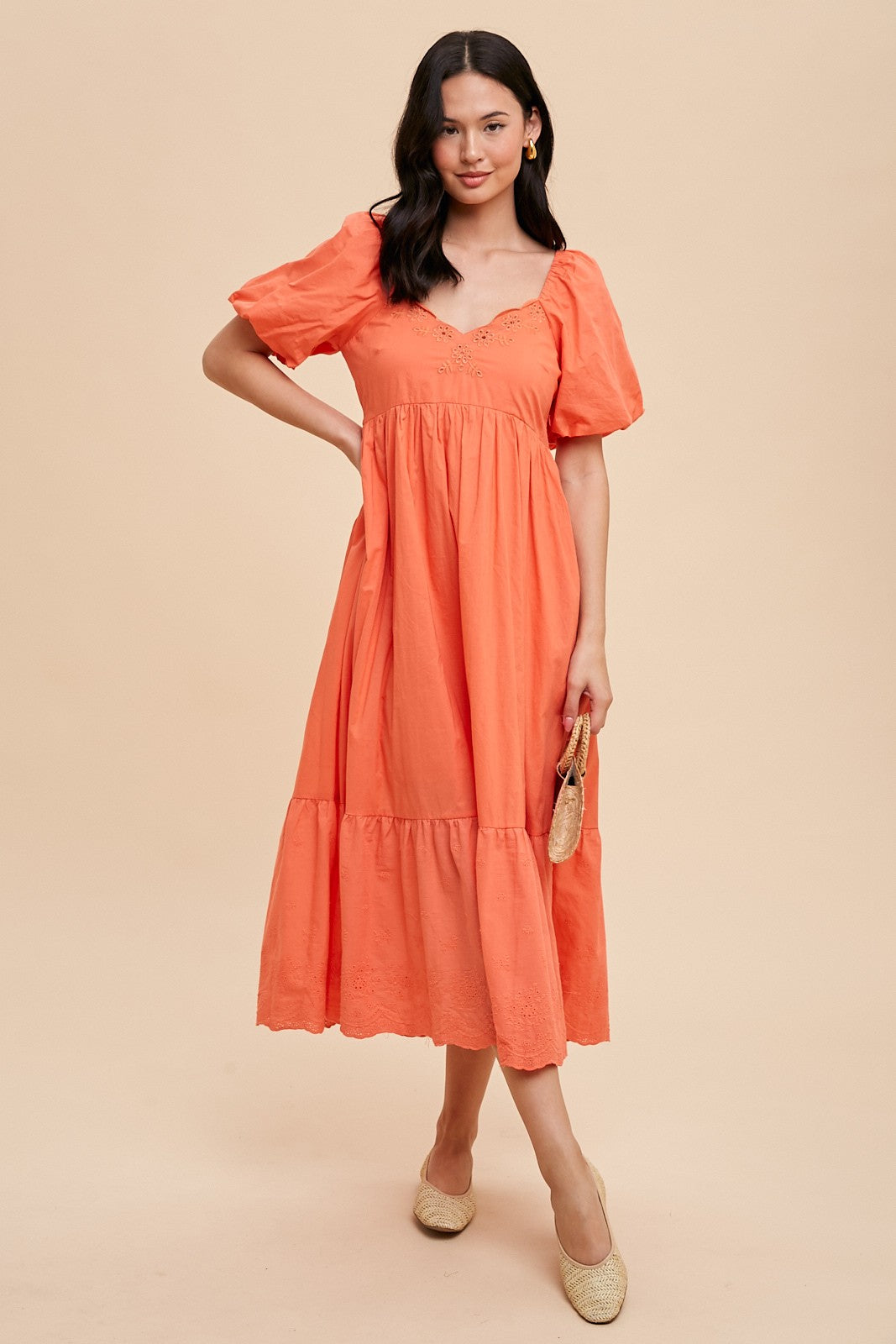 Coral Eyelet Scalloped V-Neck Short Puff Sleeve Maternity Midi Dress PinkBlush Coral Eyelet Scalloped V-Neck Short Puff Sleeve Maternity Midi Dress PinkBlush
