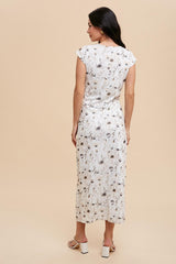 Cream Floral Mesh Ruched Sides Maxi Dress