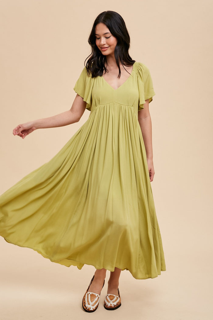 Light Olive V-Neck Flutter Short Sleeve Maternity Midi Dress
