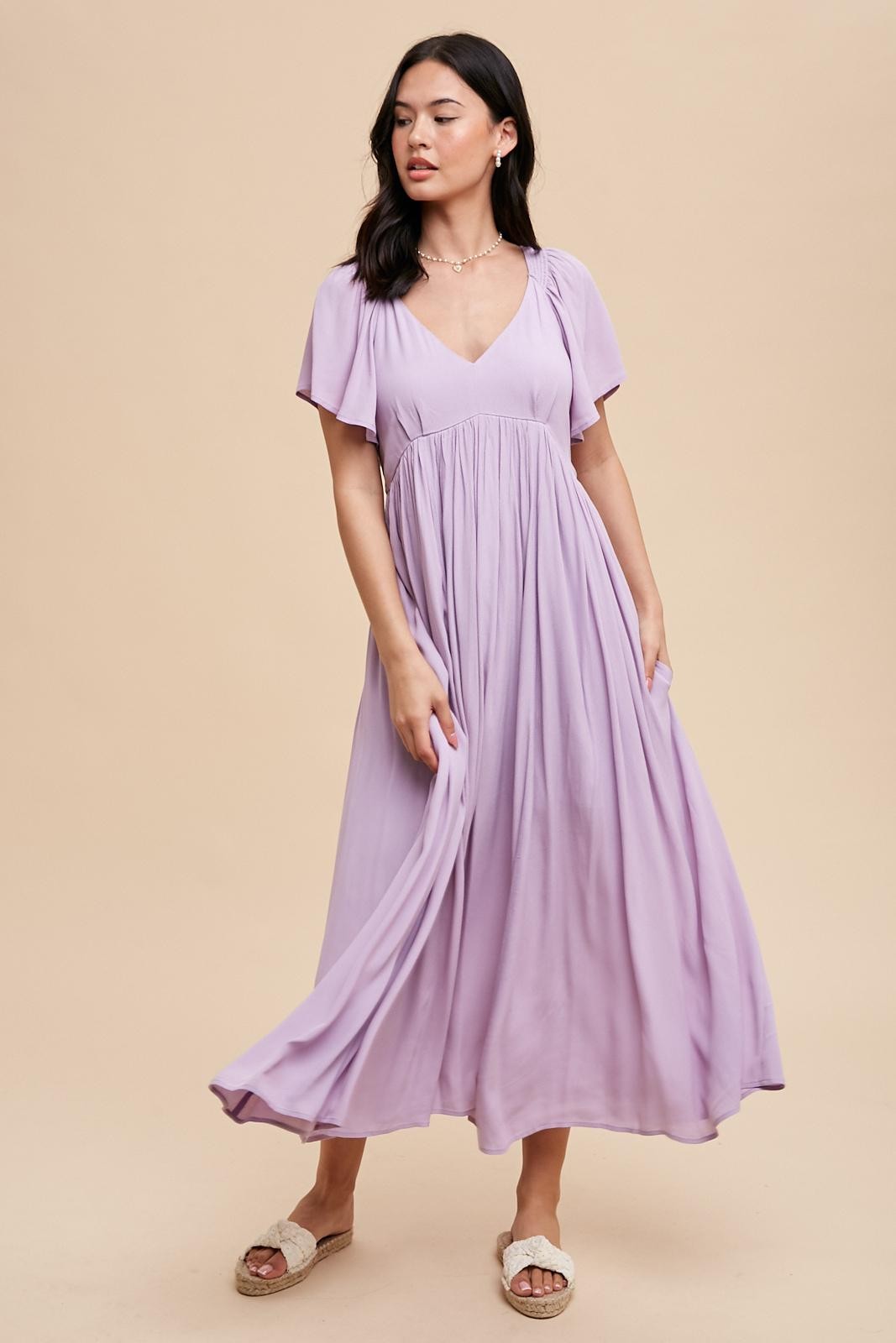 Lavender V-Neck Flutter Short Sleeve Maternity Midi Dress PinkBlush Lavender V-Neck Flutter Short Sleeve Maternity Midi Dress PinkBlush