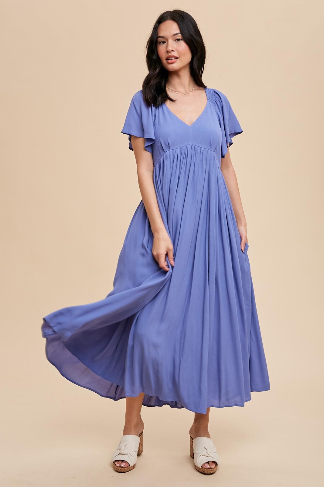flutter short sleeve dress 1 the Woman Flutter Sleeve Floral Maxi Dress in Sky Blue M / Sky Blue