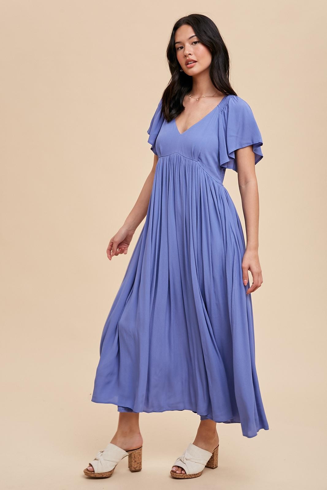 v neck flutter sleeve midi dress V-Neck Flutter-Sleeve Midi Dress