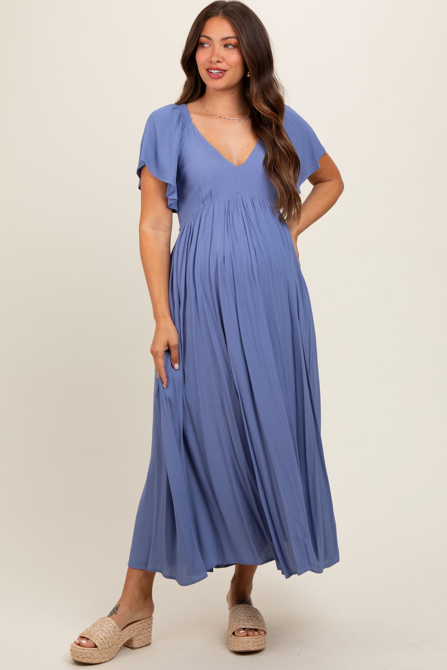midi blue maternity dress Navy Blue Floral Crinkle Chiffon Maternity Midi Dress
