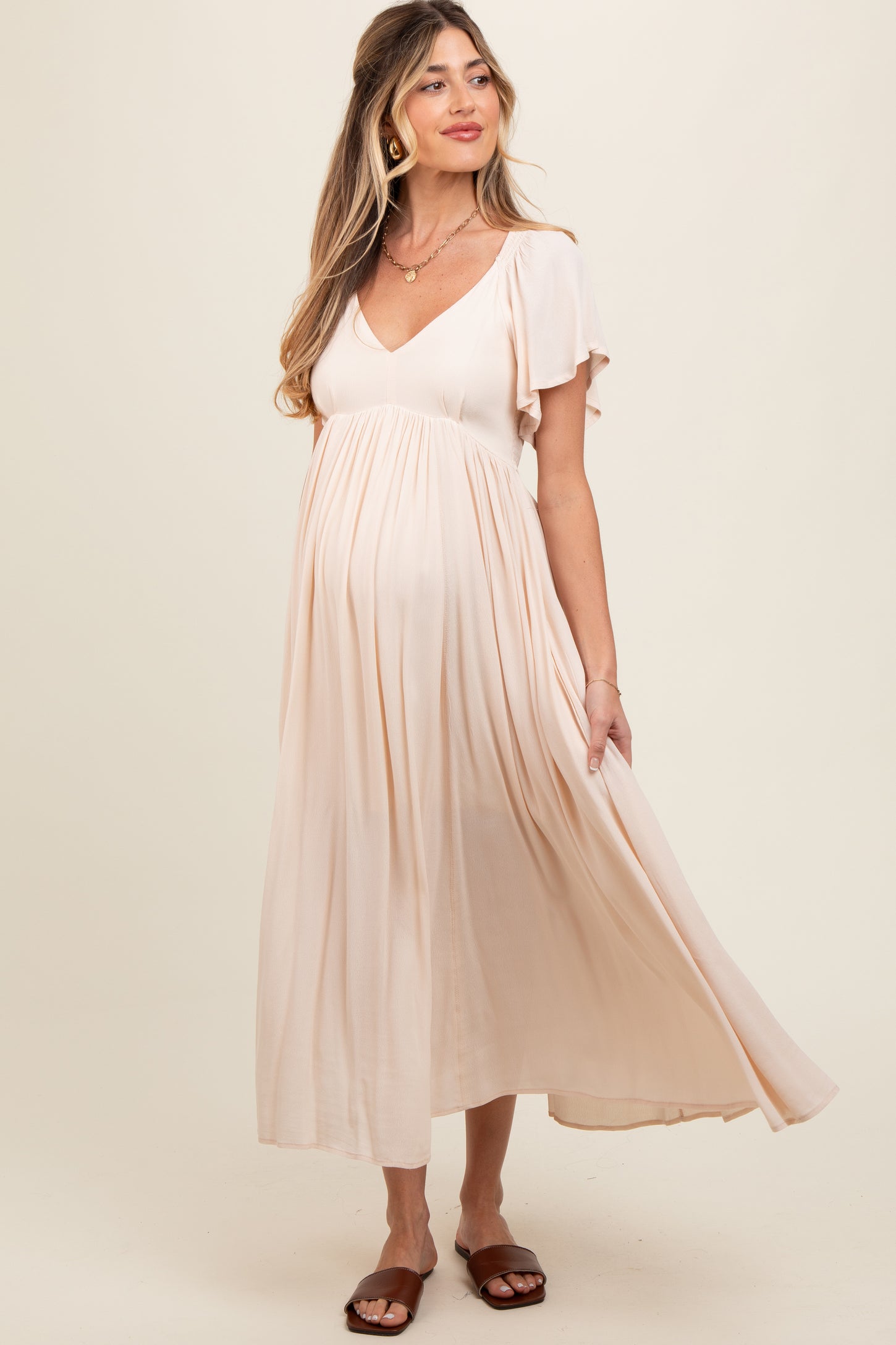 Cream V-Neck Flutter Short Sleeve Maternity Midi Dress – PinkBlush