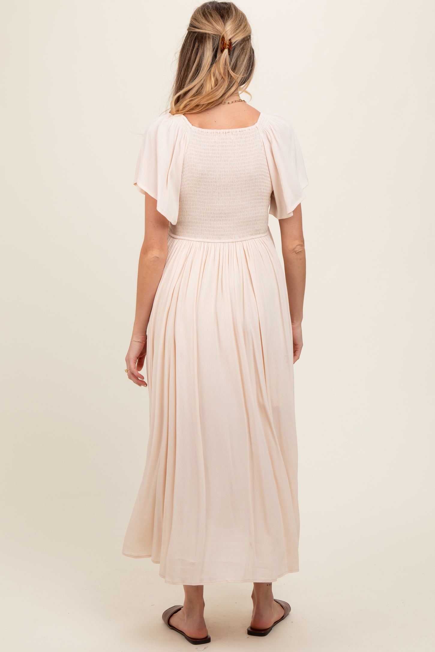Cream V-Neck Flutter Short Sleeve Maternity Midi Dress PinkBlush Cream V-Neck Flutter Short Sleeve Maternity Midi Dress PinkBlush