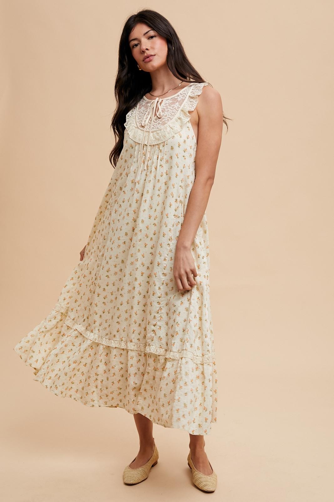 Cream Floral Lace Top Ruffle Hem Maternity Midi Dress PinkBlush Cream Floral Lace Top Ruffle Hem Maternity Midi Dress PinkBlush