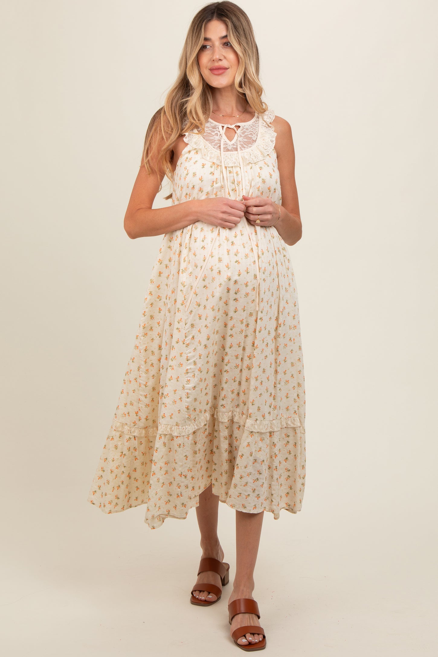Cream Floral Lace Top Ruffle Hem Maternity Midi Dress PinkBlush Cream Floral Lace Top Ruffle Hem Maternity Midi Dress PinkBlush