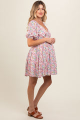 Pink Floral V-Neck Cutout Back Maternity Dress