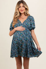 Navy Blue Floral V-Neck Cutout Back Maternity Dress